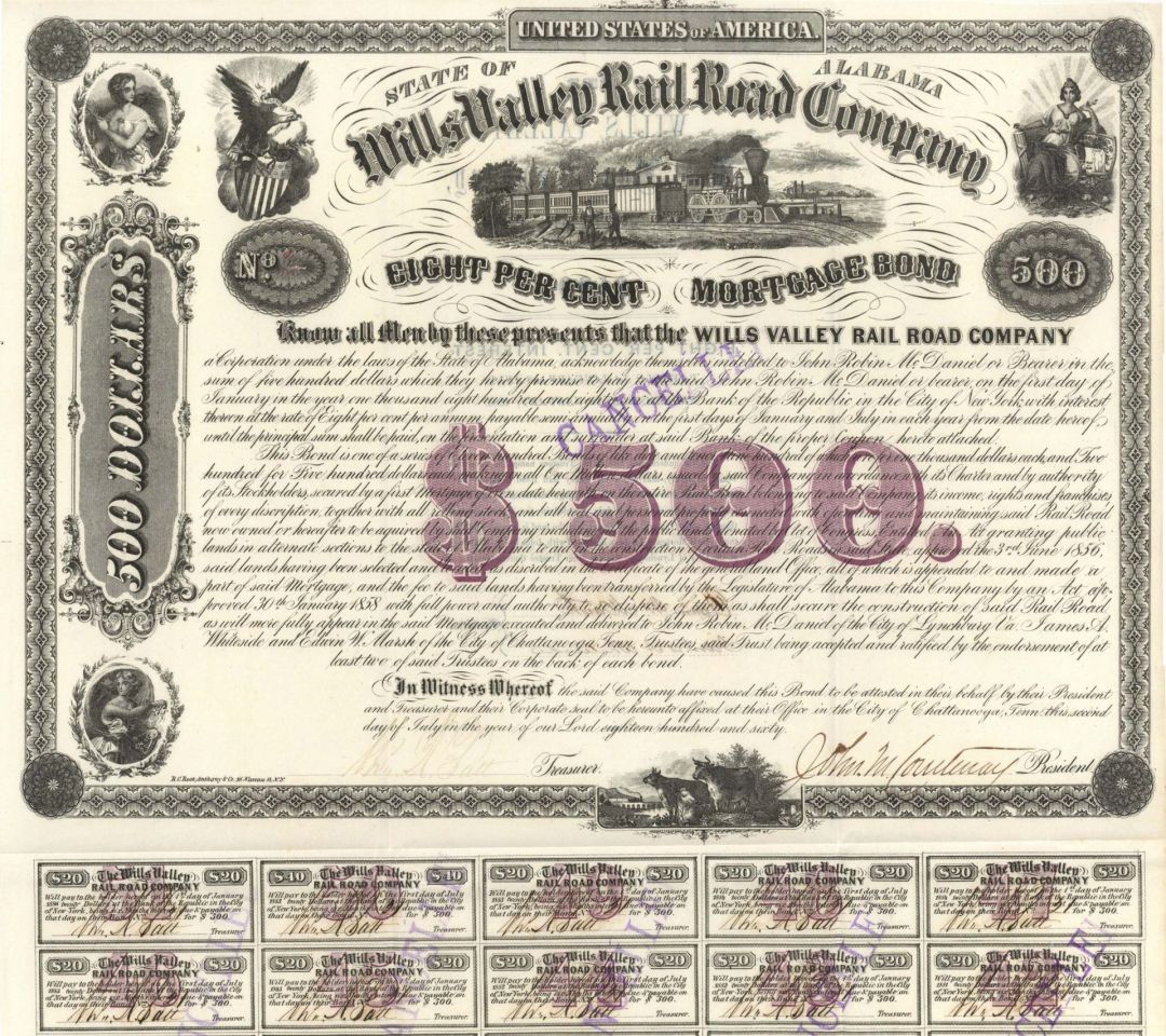 Wills Valley Rail Road Co. - 1860 dated $500 Bond