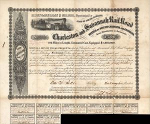 Charleston and Savannah Rail Road - $500 Bond dated 1877