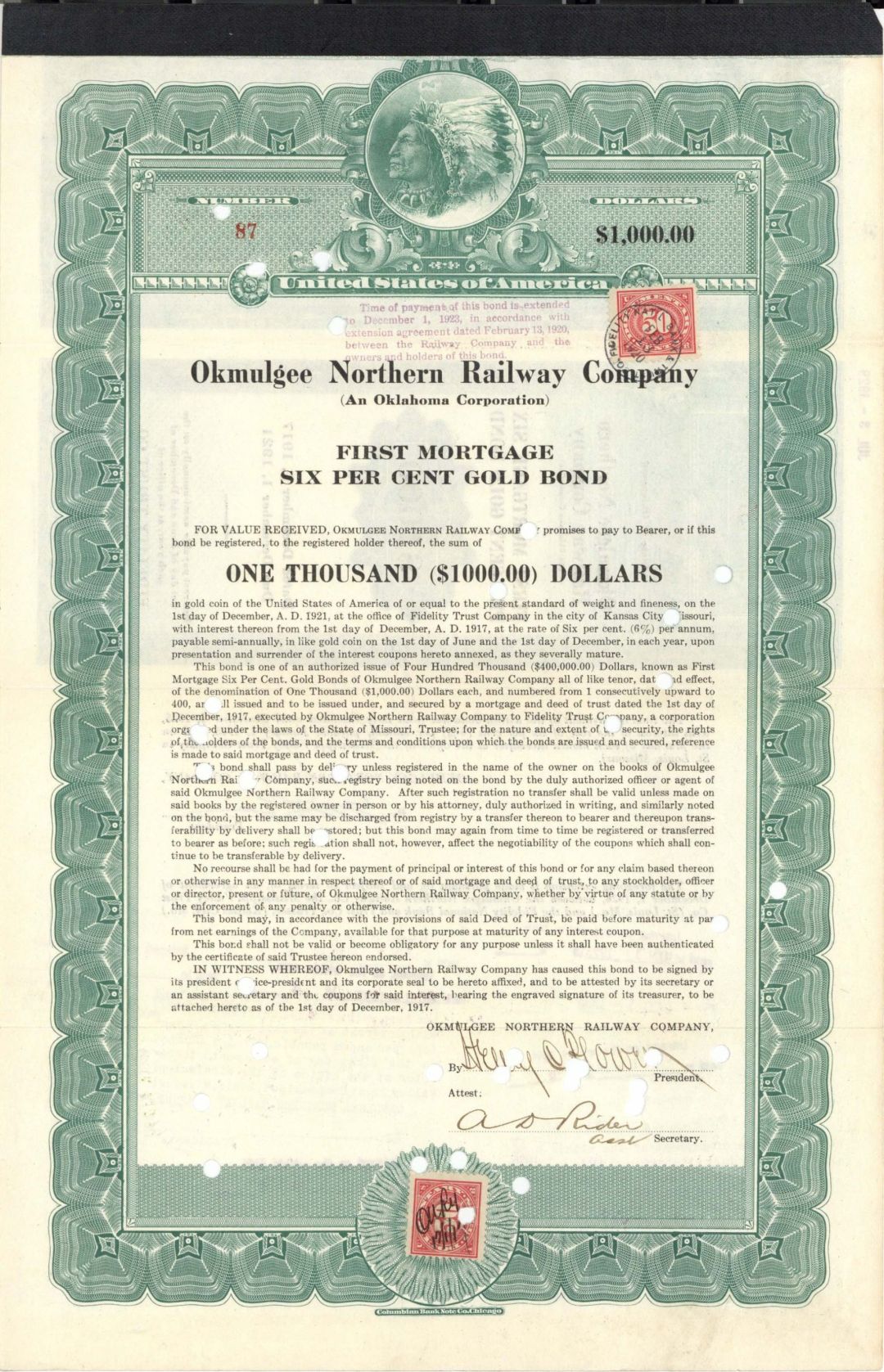 Okmulgee Northern Railway Co. - $1,000 Bond dated 1917