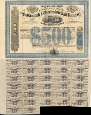 Savannah and Charleston Rail Road Co. - $500 Bond dated 1869