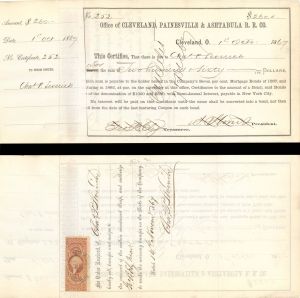 Cleveland, Painesville and Ashtabula R. R. Co. - 1867 dated Railway Bond with Revenue Stamp