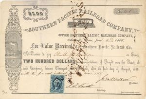 Southern Pacific Railroad Co. - 1866 dated $200 Bond with Revenue Stamp