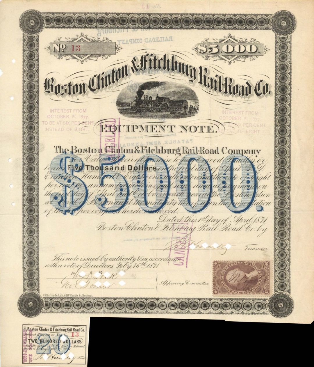 Boston, Clinton and Fitchburg Railroad Co. - 1871 dated Stock Certificate