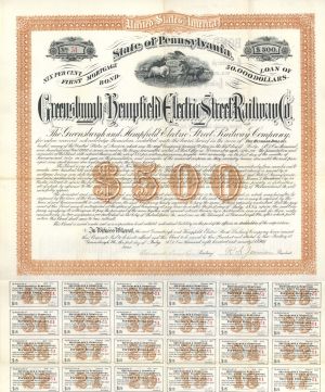 Greensburgh and Hempfield Electric Street Railway Co. - 1890 dated $500 Bond