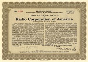 Radio Corporation of America - RCA - 1935 dated Radio Stock Certificate - Famous Company