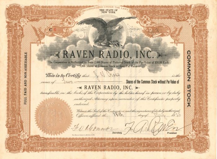 Raven Radio, Inc. - Stock Certificate