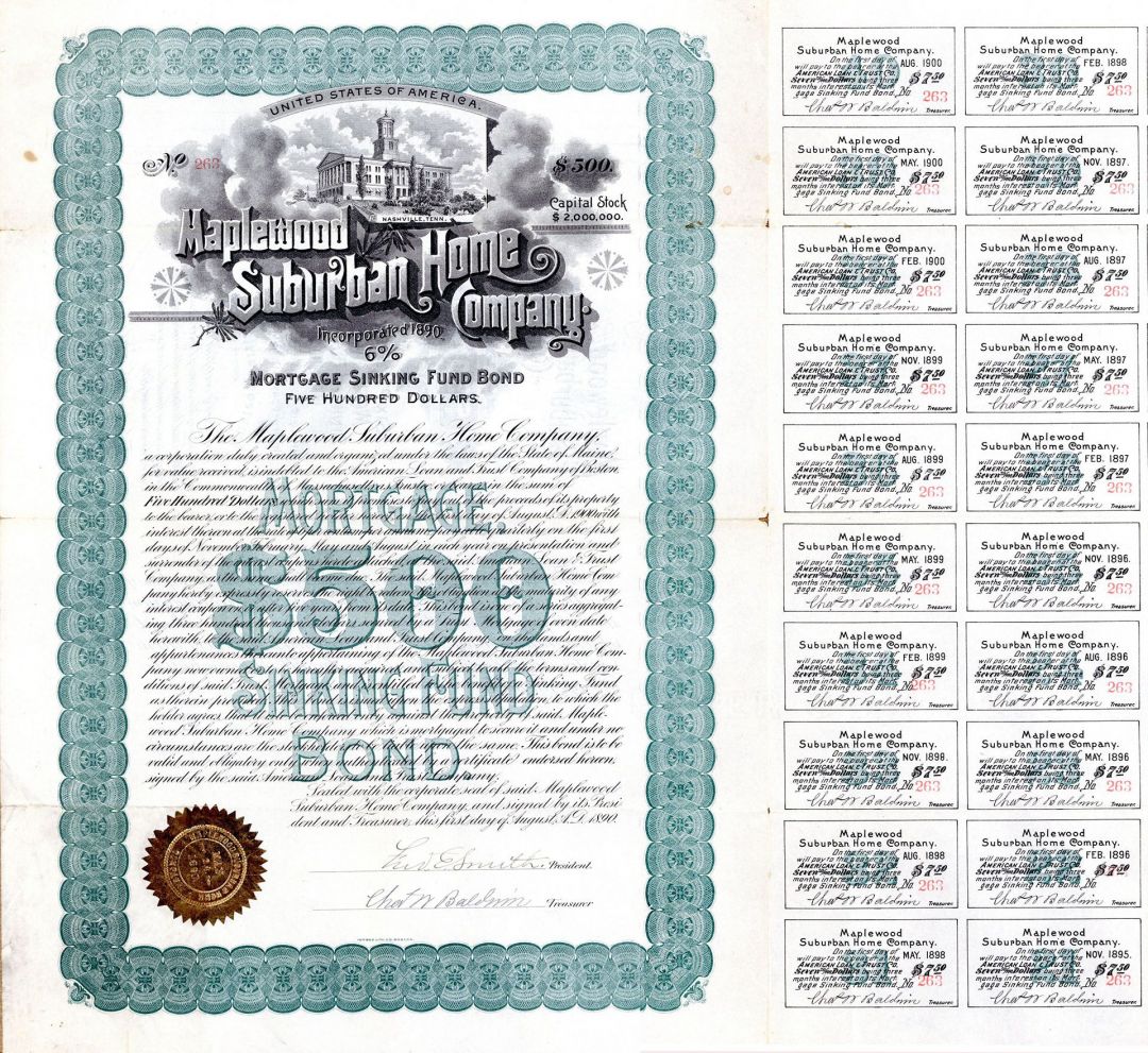 Maplewood Suburban Home Co. - 1890 dated $500 Bond (Uncanceled) - Nashville, Tennessee