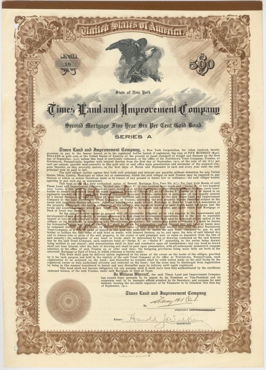 Times Land and Improvement Co. (Uncanceled) - 1911 dated $500 Gold Bond