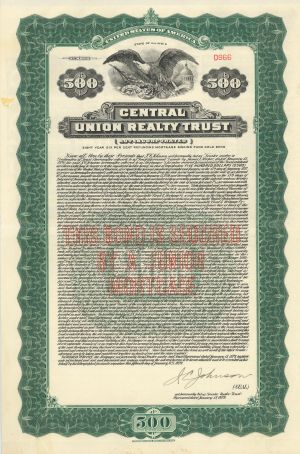 Central Union Realty Trust - 1929 dated $500 Real Estate Gold Bond - Uncanceled and Fully Issued - Stain at Left