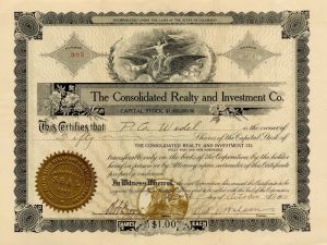 Consolidated Realty and Investment Co. - 1911 dated Real Estate Stock Certificate