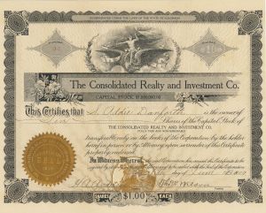 Consolidated Realty and Investment Co. - 1911 dated Real Estate Stock Certificate