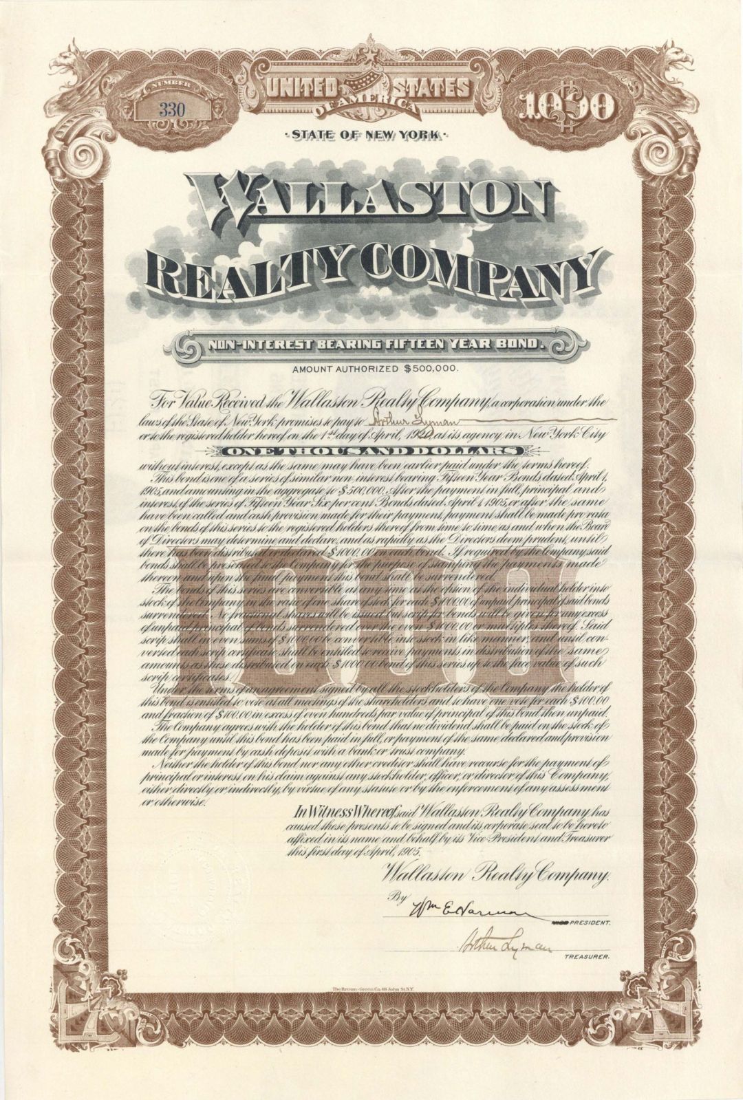 Wallaston Realty Co. - $1,000 1905 dated Bond