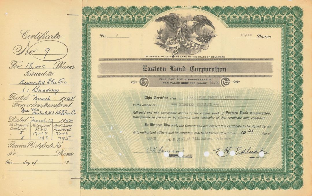 Eastern Land Corporation - Stock Certificate