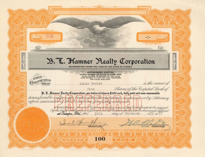 B. L. Hamner Realty Corporation - Stock Certificate