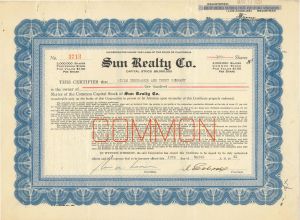 Sun Realty Co. - 1931 dated Stock Certificate