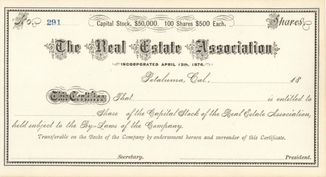 Real Estate Assoc.  -  Unissued Stock Certificate