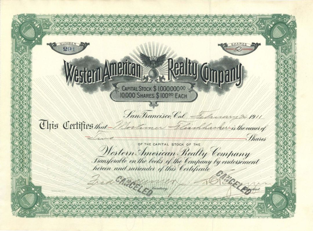 Western American Realty Co.  -  1911 or 1924 dated Stock Certificate