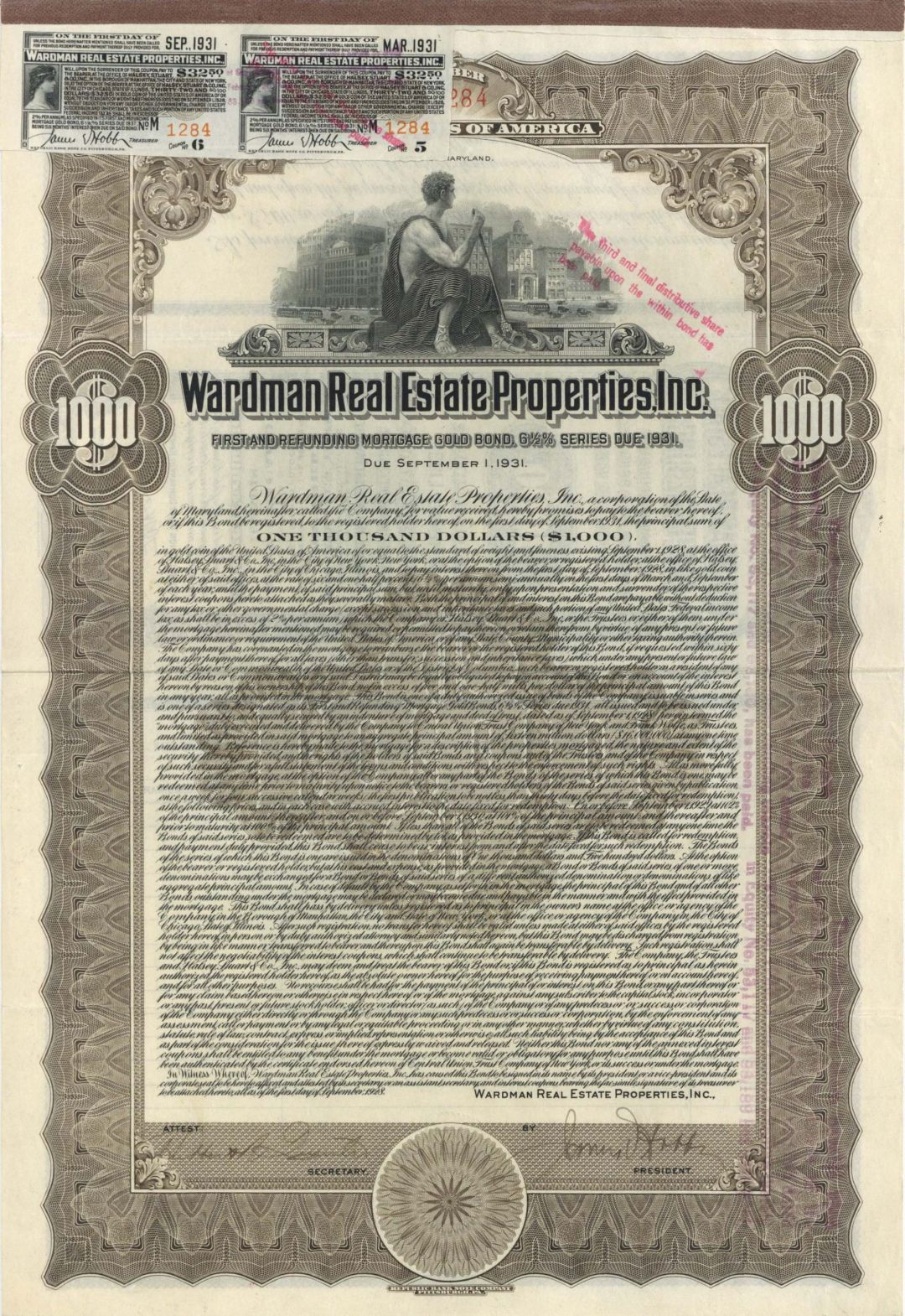 Wardman Real Estate Properties, Inc. -  1928 dated $1,000 Bond