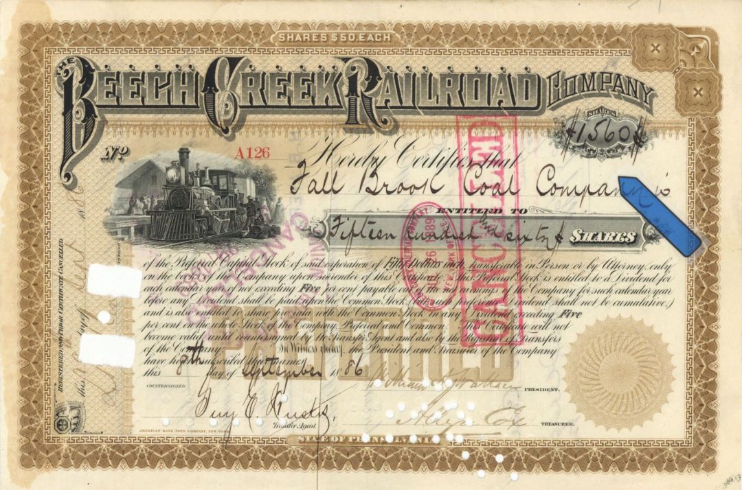 Beech Creek Railroad Co. - High Denomination Stock Certificate