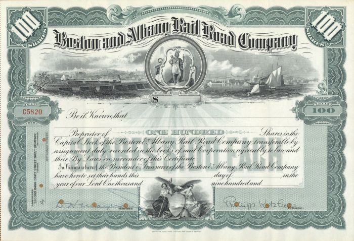 Boston and Albany Railroad Co. - Partially Unissued Railway Stock Certificate