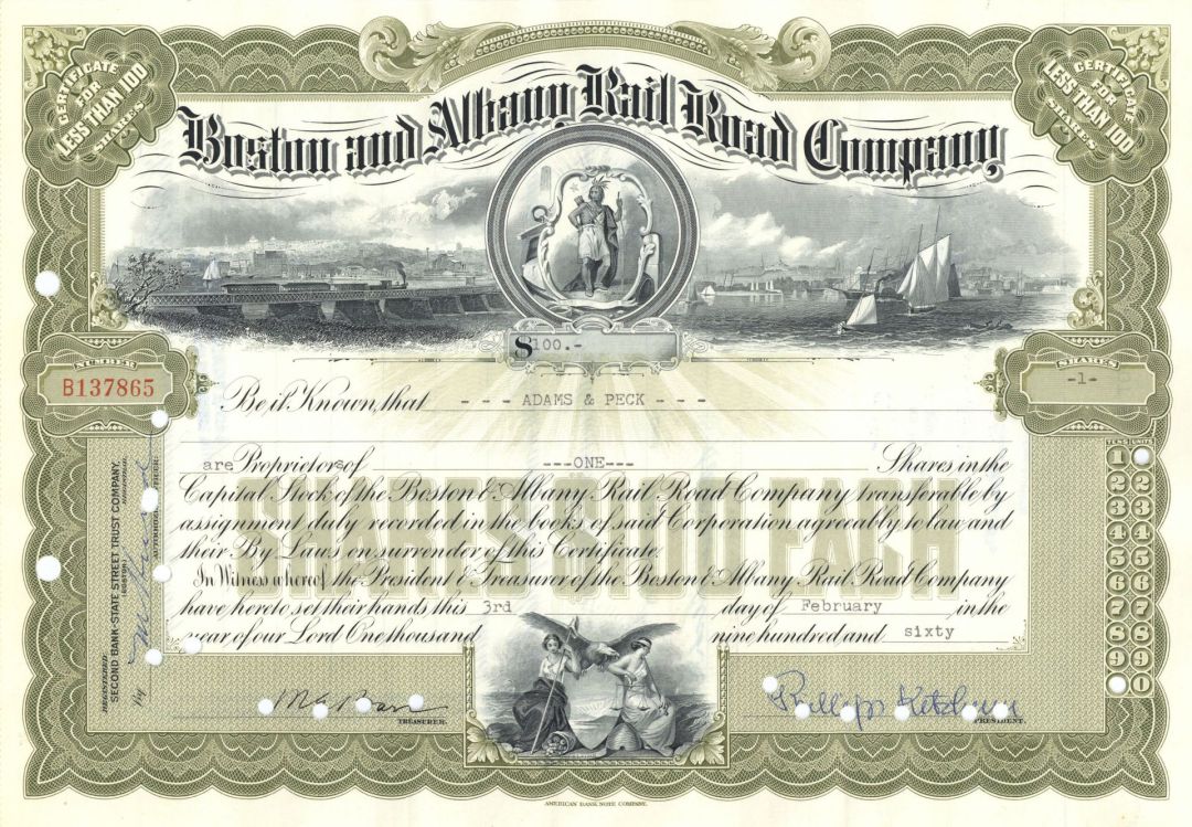 Boston and Albany Railroad Co. - 1940's-50's dated Railway Stock Certificate