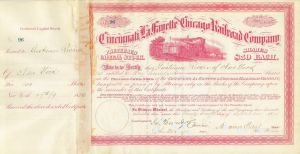 Cincinnati, Lafayette and Chicago Railroad Co. - 1870's-1900's dated Railway Stock Certificate - Beautiful Red Design