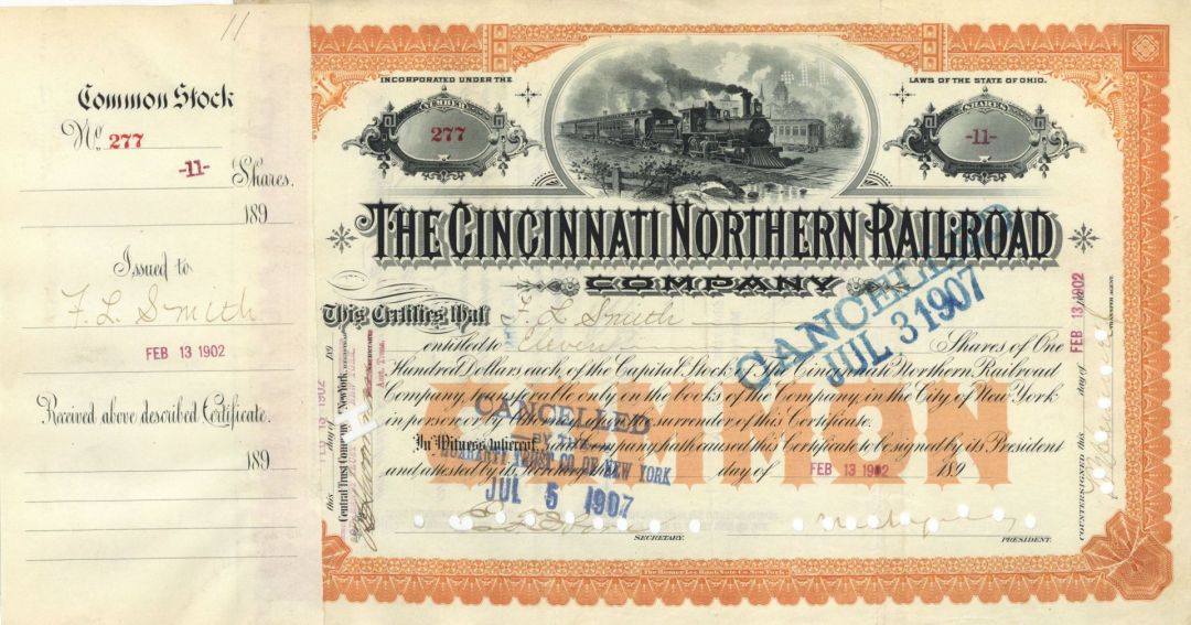 Cincinnati  Northern Railroad Co. - Stock Certificate