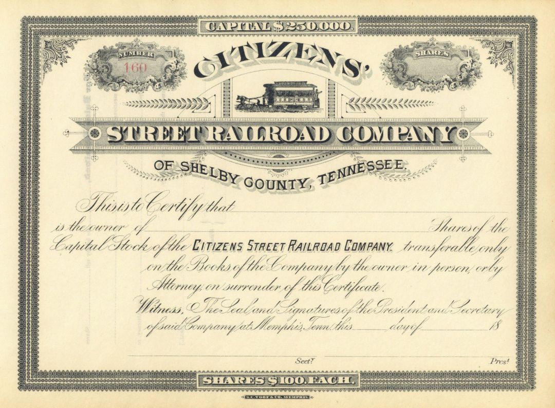 Citizens Street Railroad Co. - circa 1880's Unissued Railway Stock Certificate