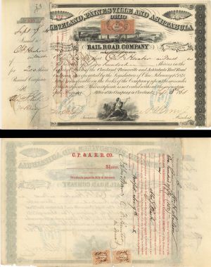 Cleveland, Painesville and Ashtabula Rail Road Co. - 1868 dated Railway Stock Certificate with Revenue Stamps