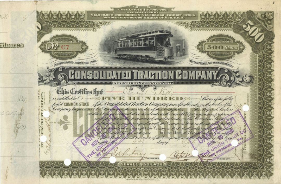 Consolidated Traction Co. - 1896-1899 dated Pennsylvania Railway Stock Certificate