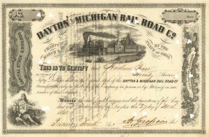 Dayton and Michigan Railroad - dated 1860's Railway Stock Certificate