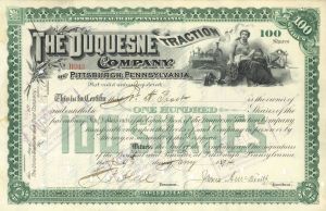 Duquesne Traction Co of Pittsburgh, Pennsylvania - 1890's dated Railway Stock Certificate