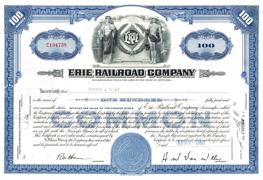 Erie Railroad - 1950's-60's dated Railway Stock Certificate - Awesome Railroad History - New York & Many Other States