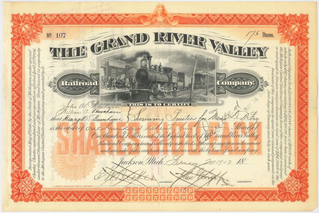 Grand River Valley Railroad Co.- 1880's - 1910 dated Railway Stock Certificate