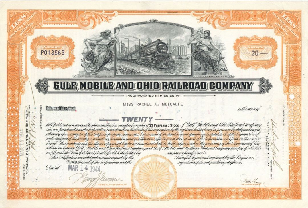 Gulf, Mobile and Ohio Railroad Co. - Railway Stock Certificate - Great History