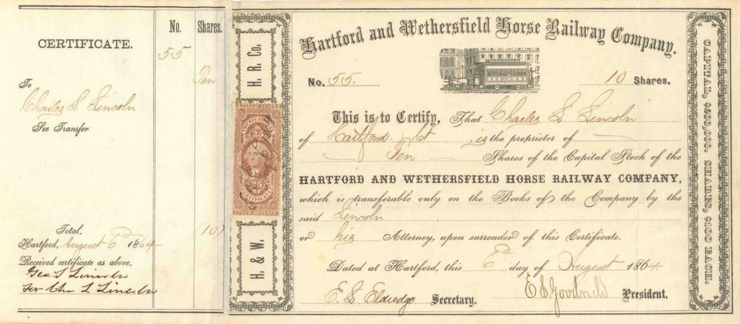 Hartford and Wethersfield Horse Railway - 1870's-90's dated Connecticut Railroad Stock Certificate
