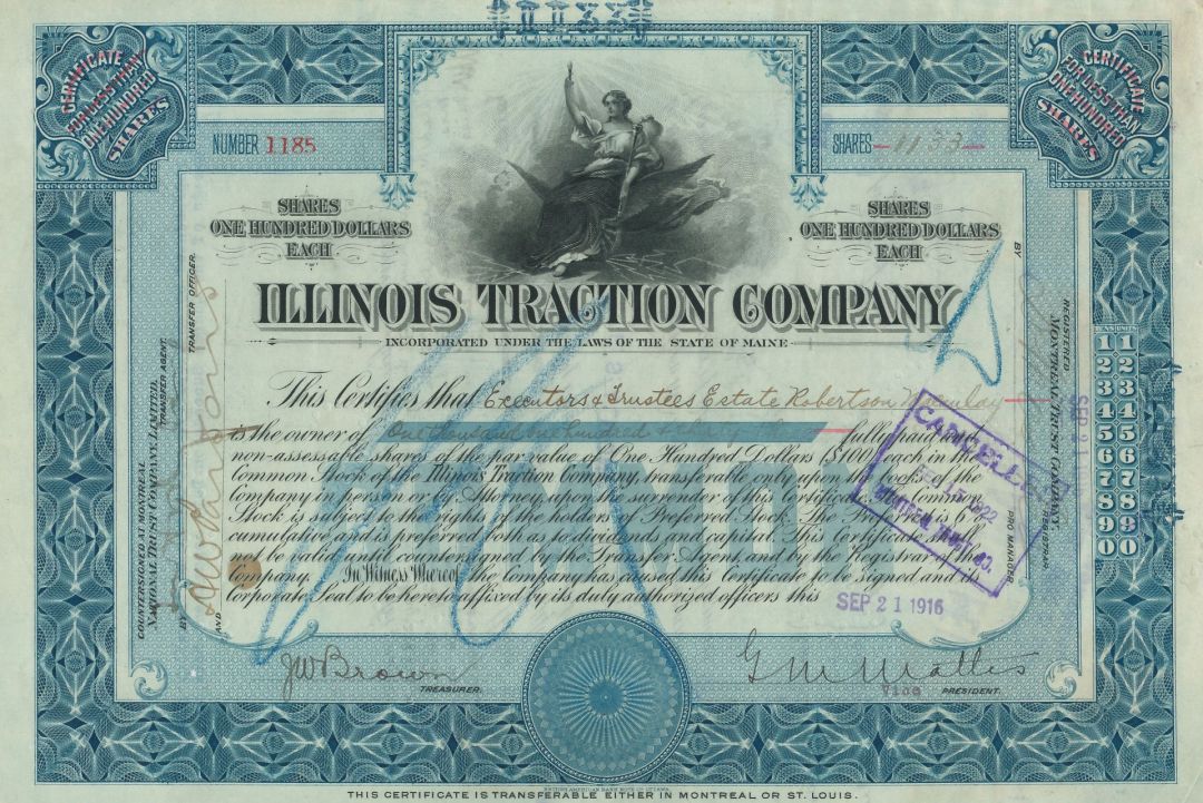 Illinois Traction Co. - 1915-20's dated Illinois Railroad Stock Certificate