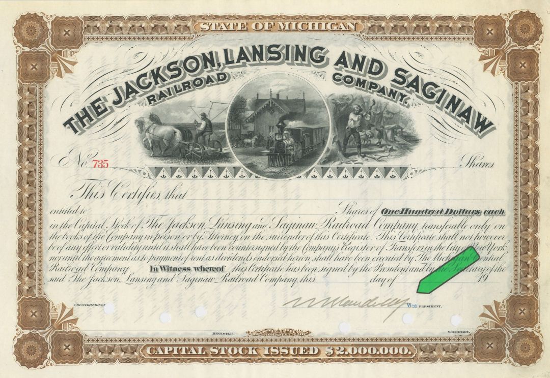 Jackson, Lansing and Saginaw Railroad - Stock Certificate