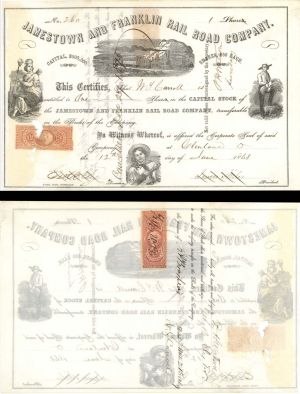 Jamestown and Franklin Rail Road Co. - 1868 dated Pennsylvania Railway Stock Certificate with Revenue Stamps