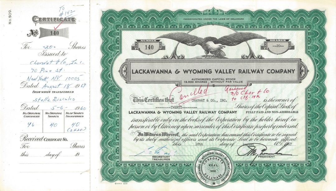 Lackawanna and Wyoming Valley Railway - 1960's dated Railroad Stock Certificate