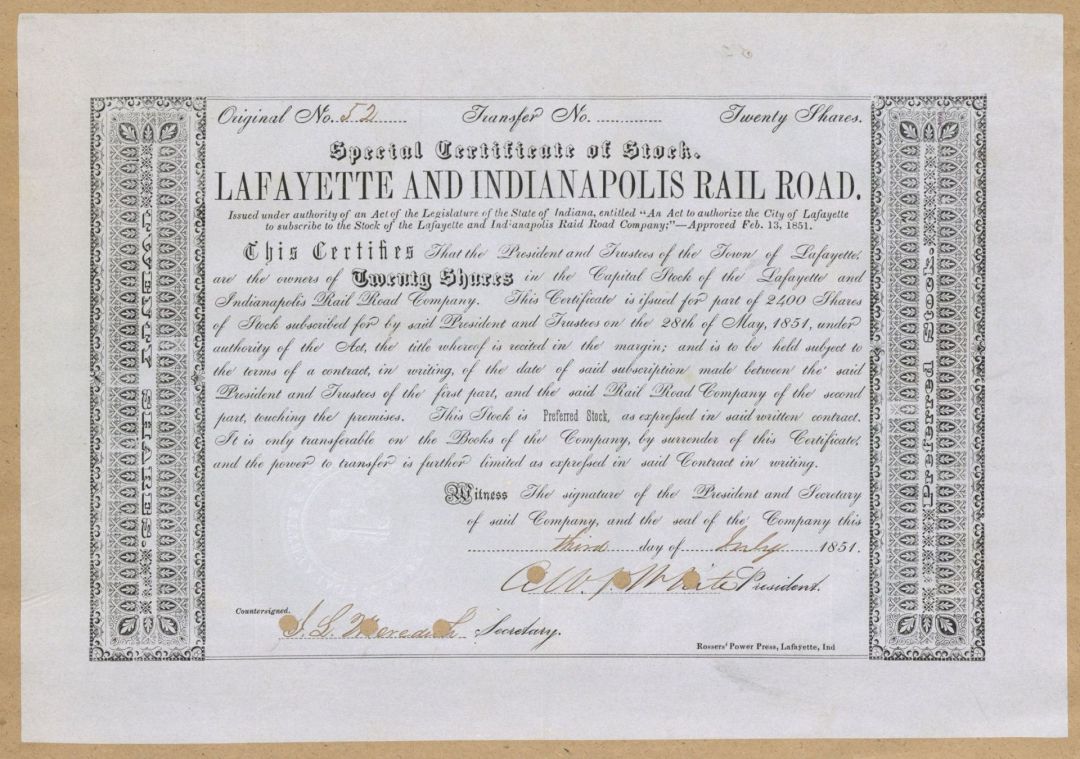 Lafayette and Indianapolis Railroad - Stock Certificate