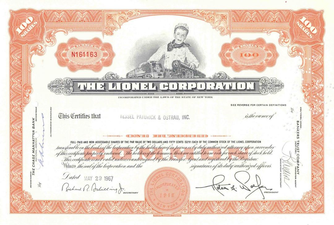 Lionel Corporation - Famous Toy Train Co. - Stock Certificate - American Toy Manufacturer and Holding Co.
