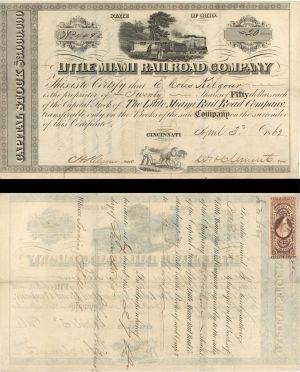 Little Miami Railroad Co. - 1865 or 1872 dated Stock Certificate with Revenue Stamp