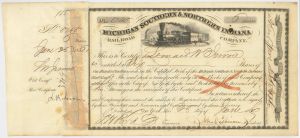 Michigan Southern and Northern Indiana Railroad Co. - 1850's dated Railway Stock Certificate