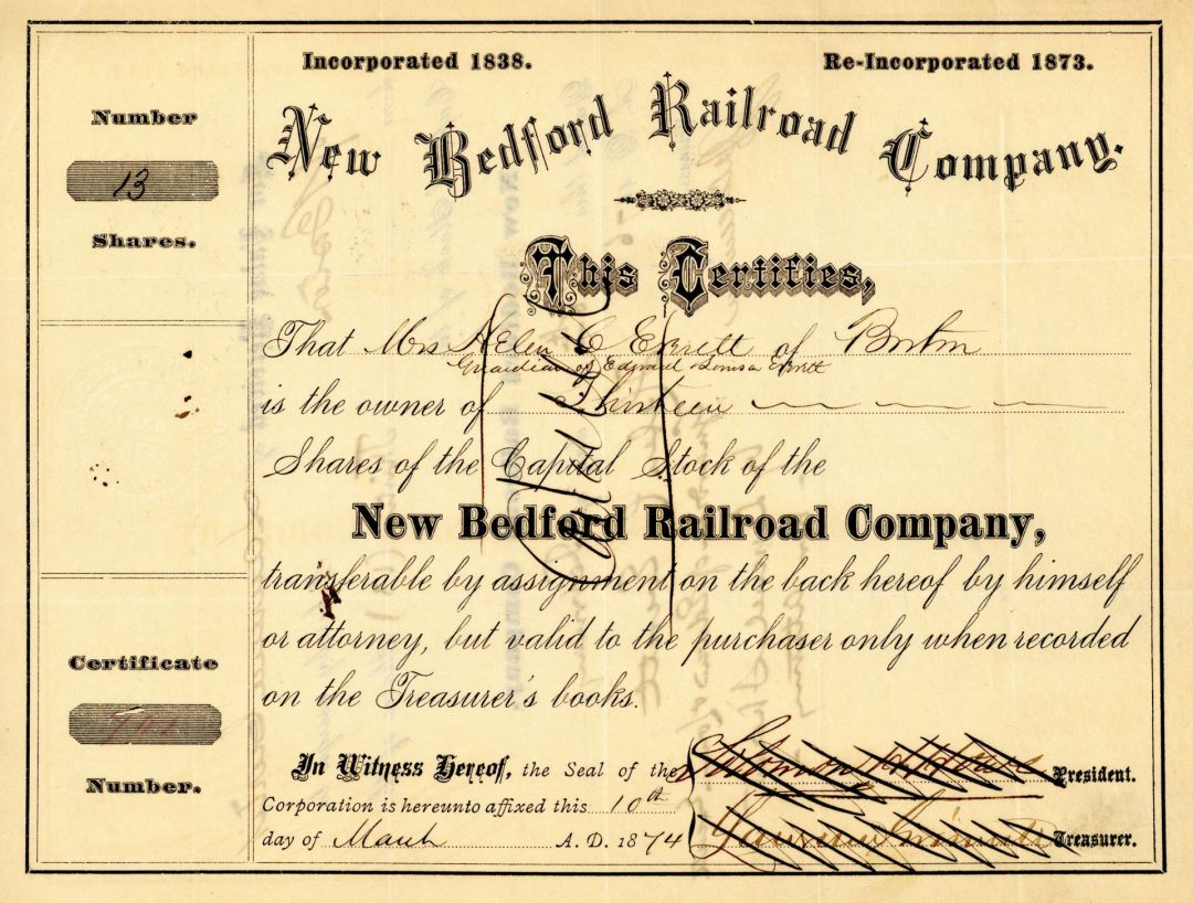 New Bedford Railroad Co. - Massachusetts Railway Stock Certificate