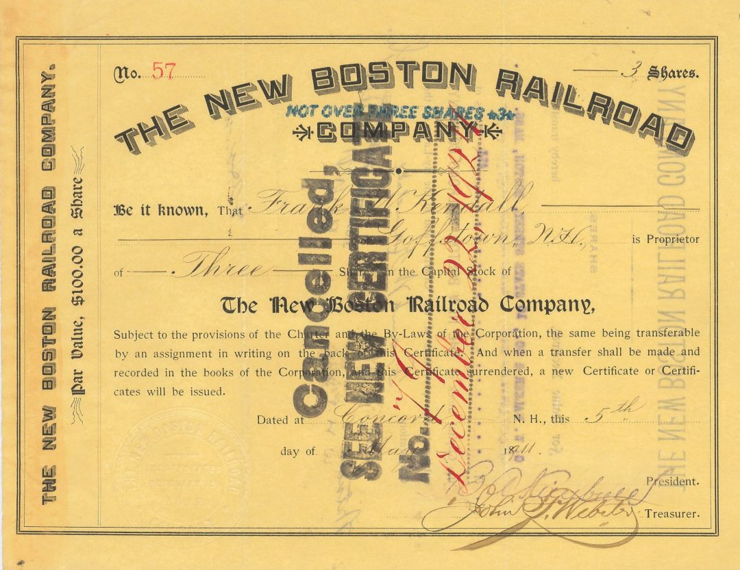 New Boston Railroad - Stock Certificate