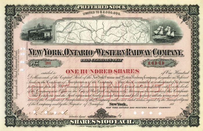 New York, Ontario and Western Railway - Railroad Unissued Stock Certificate