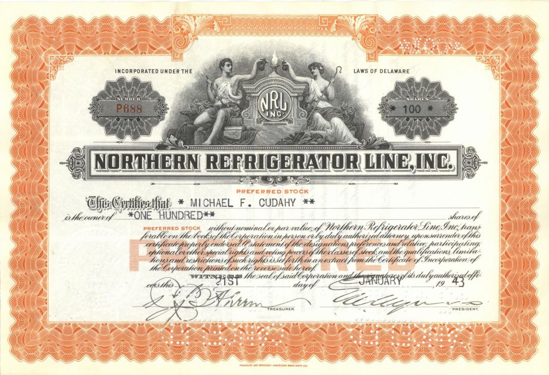 Northern Refrigerator Line, Inc - Refrigeration Railway Car Stock Certificate