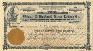 Oakdale and Mcdonald Street Railway - Pennsylvania Railroad Stock Certificate