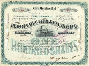 Peoria, Decatur and Evansville Railway Co. - 1880's-1890's dated Stock Certificate
